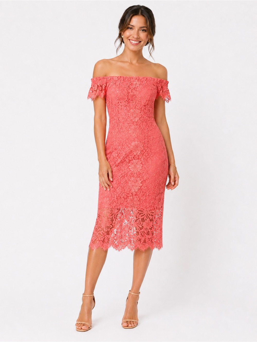 Nanette Lepore Coral Off-Shoulder Lace Midi Dress